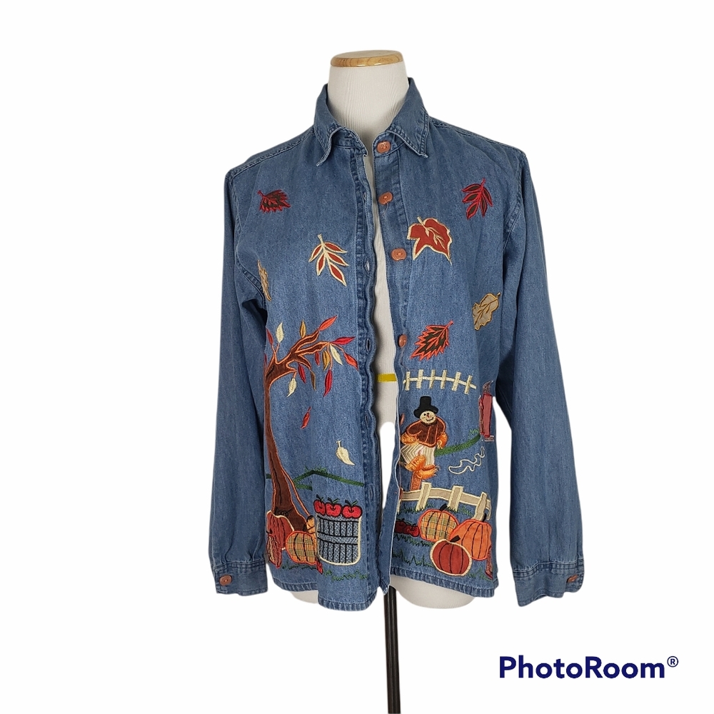 Vintage denim Bluejean fall embroidered pumpkin button up long sleeve shirt M - Picture 4 of 9